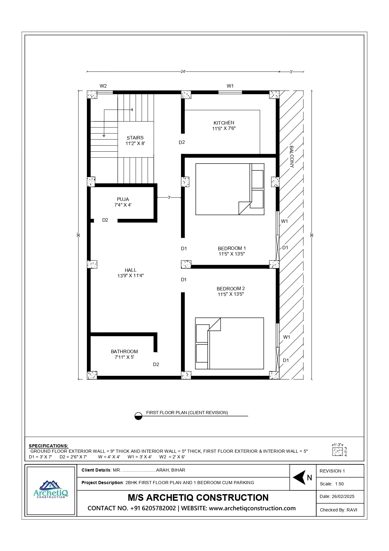 24x36 ft first floor 2BHK house plan with 2 bedrooms, kitchen, hall, puja room, bathroom, stairs and balcony