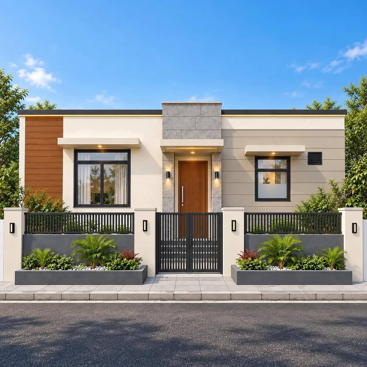 25x60 south facing house design daylight front elevation with black metal boundary gate, landscaped planters, cream facade and modern stone entrance