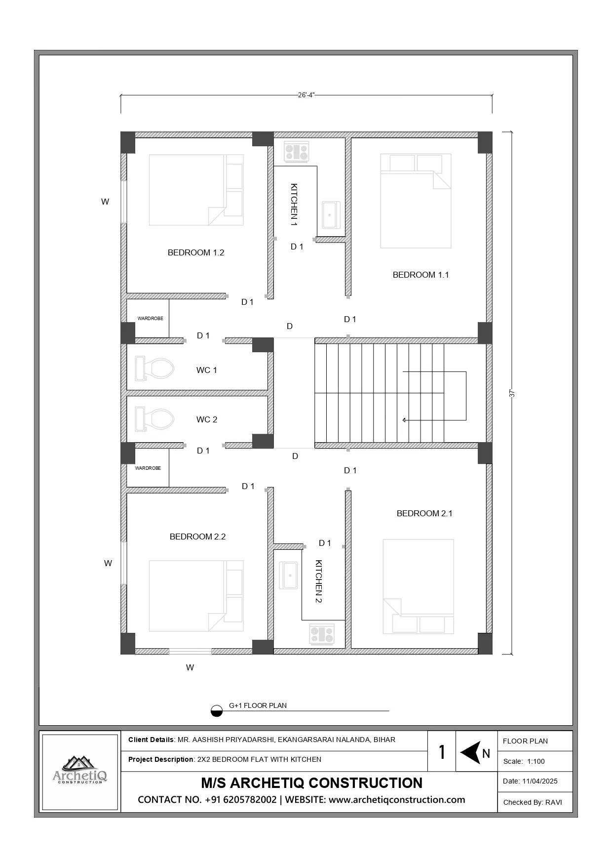 26x37 ft G+1 2x2 bedroom flat floor plan