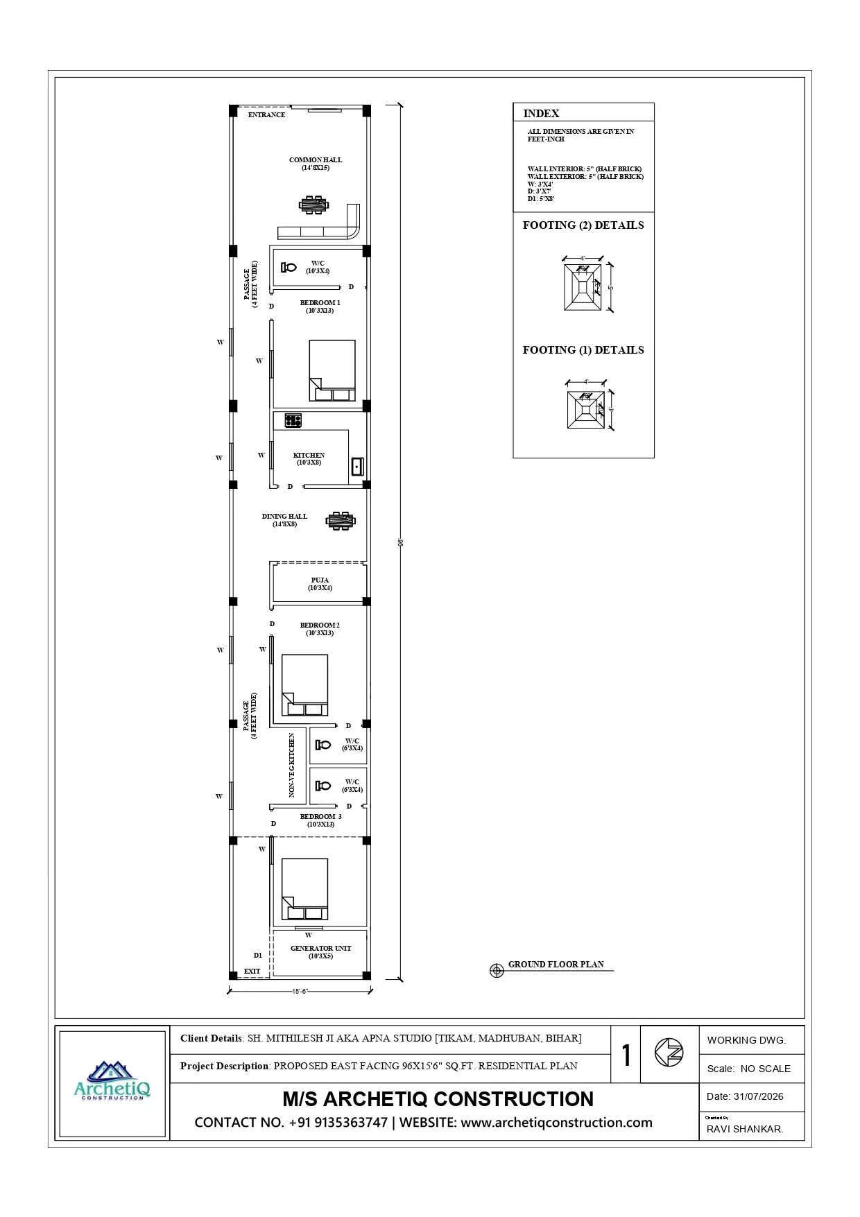 East facing 3BHK house floor plan 96x15.5 ft with 3 bedrooms, kitchen, dining hall, puja room and common hall