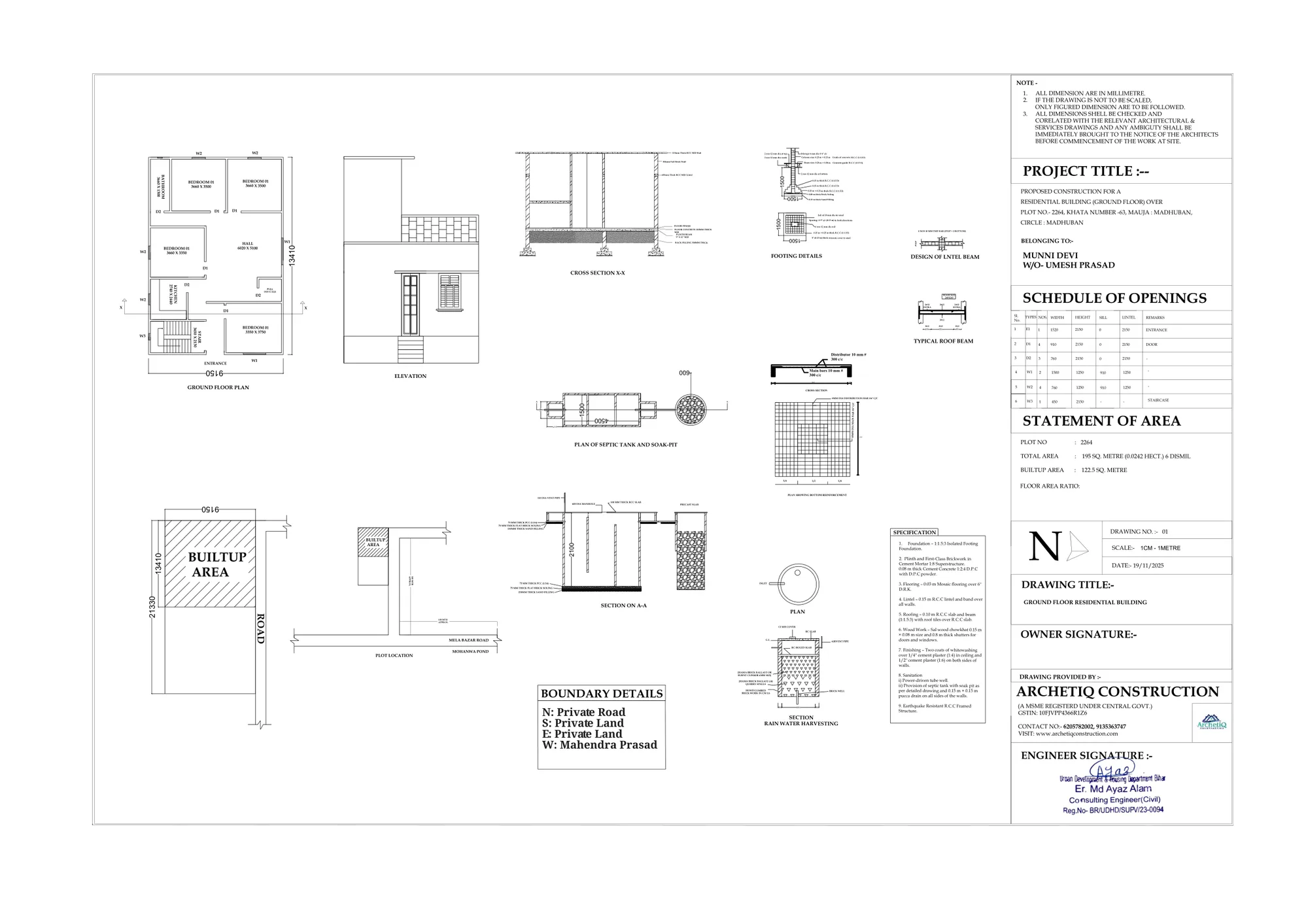 East facing 4BHK house plan with front elevation, structural details sanctiondrawing