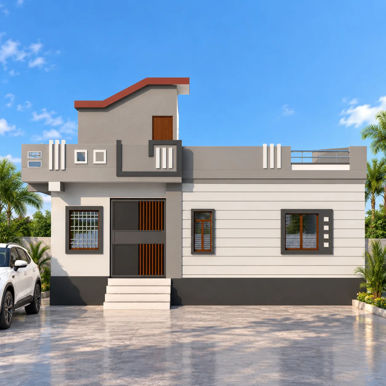 Modern 34x38 house front elevation design Daylight